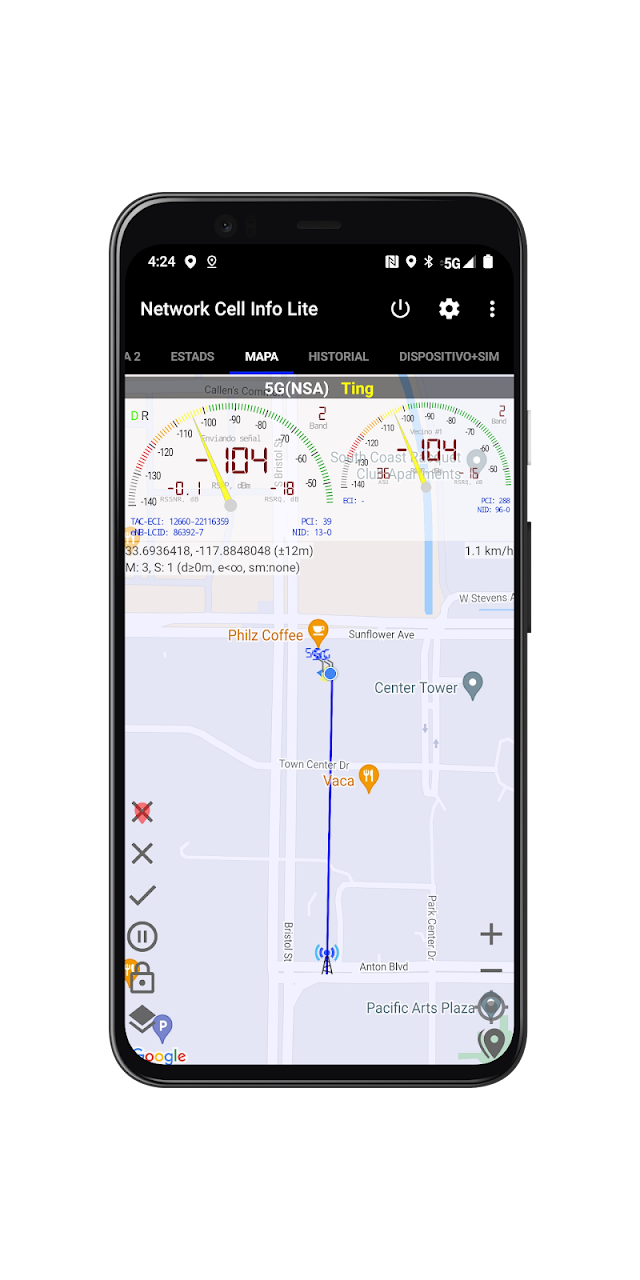 Mapa de cobertura y celdas en Network Cell Info Lite