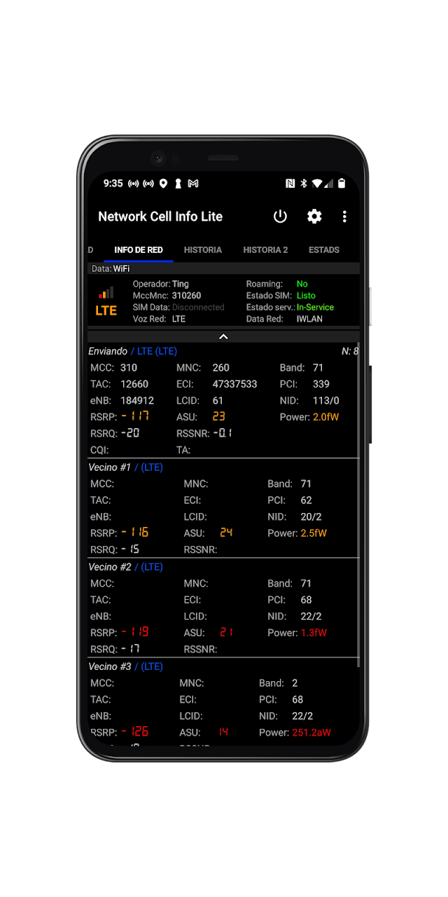 Vista de datos técnicos de la celda en Network Cell Info Lite