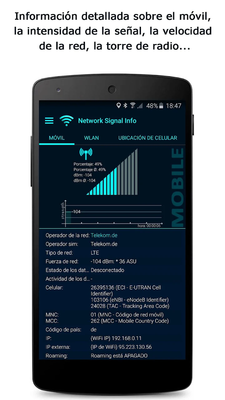 Información de la señal móvil en Network Signal Info