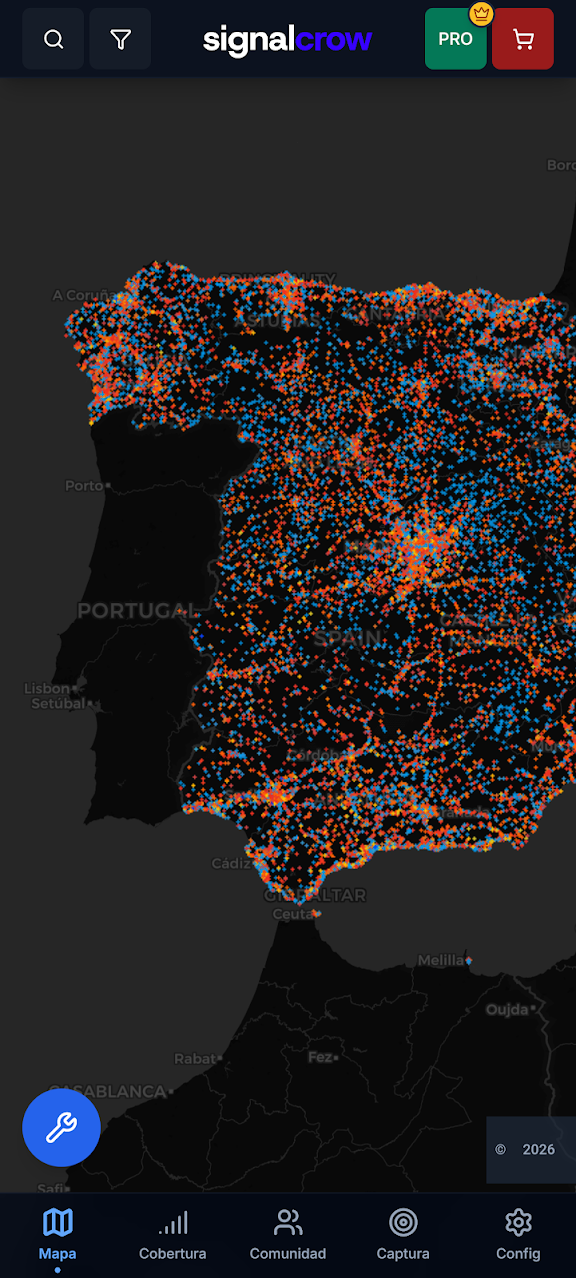 Mapa de antenas de telefonía de España en la app SignalCrow
