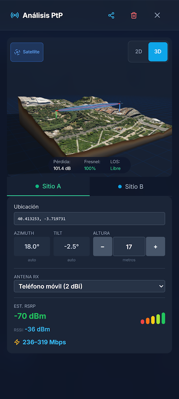 Análisis punto a punto en 3D entre una casa y una antena en SignalCrow
